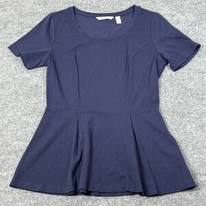 Isaac Mizrahi Live XS Tunic Navy Blue Scoop Neck Peplum Feminine Top Shirt QVC
